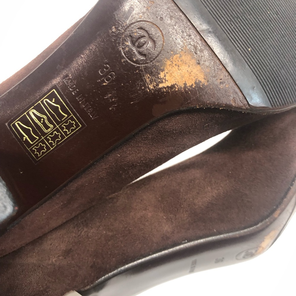 Chanel square cap toe heels, brown/black, GUC - Picture 7 of 13
